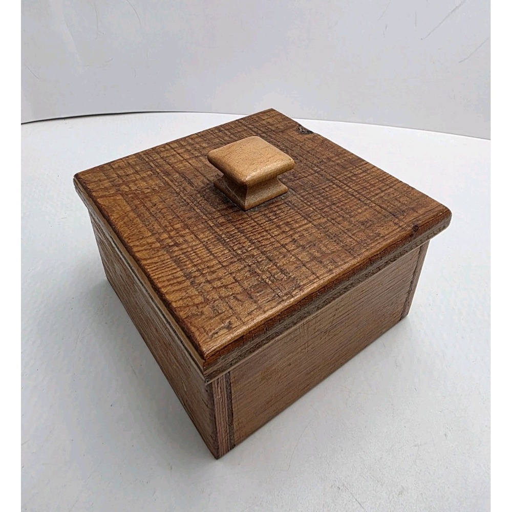 Handcrafted Wood Trinket Box Lidded Rustic Primitive Folk Art Square 5" Vintage